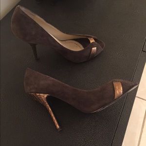 Brown suede heels with great gold detail