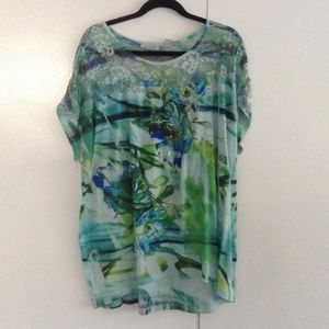 Green and blue floral embellished top with lace