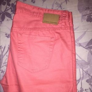 Coral, low rise, skinny jeans