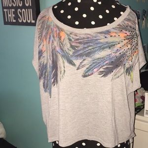 Short Sleeve, High-Low, Beaded Feather Top
