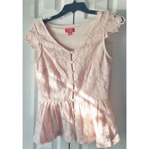 Elle Ballet Pink Peplum Lace Button Blouse