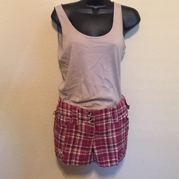 Maroon & cream plaid shorts.
