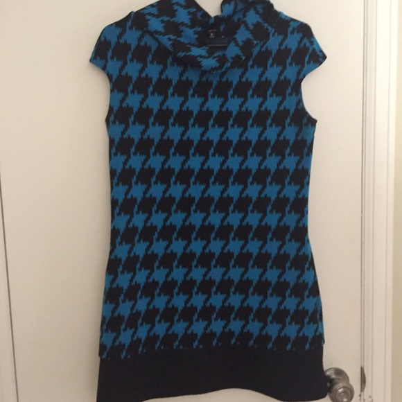 Blue Houndstooth Cowl Neck Shift