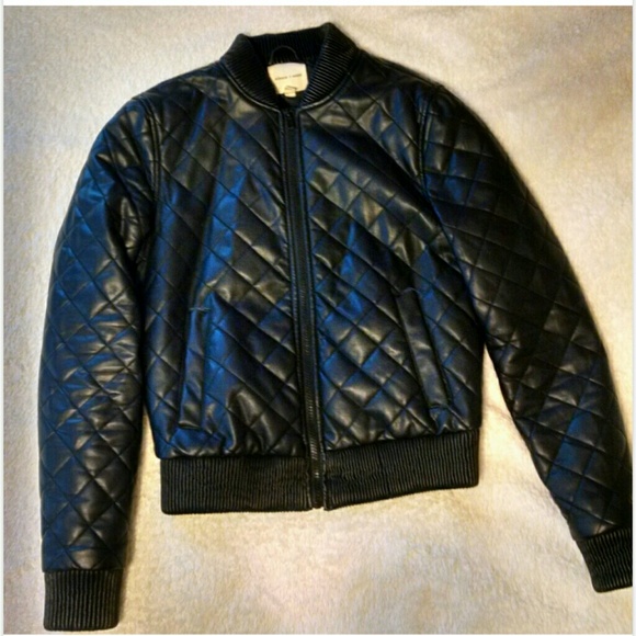 UO Black Faux Leather Quilted Bomber Jacket