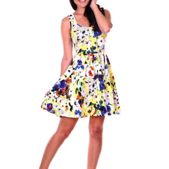 White Mark S Flower Fit/Flare Dress. Yellow/Royal