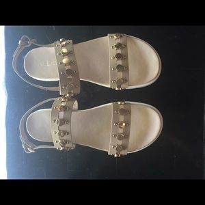 Camel leather sandals w/ brass trim.