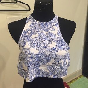 Blue and white print crop top