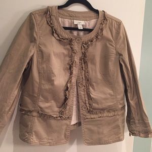 Khaki jacket.    Ruffled trim.   Adorable!