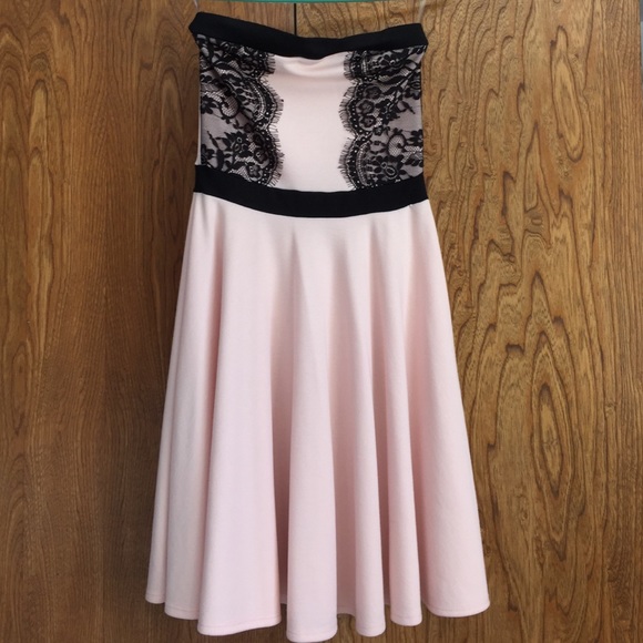 Light pink strapless dress with black lace