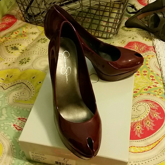 NEW- Burnt Red Patent Leather Peep-toe Heels
