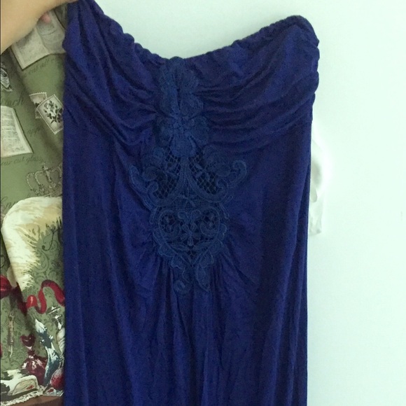 Lace Design Full Length Strapless Blue Maxi Dress