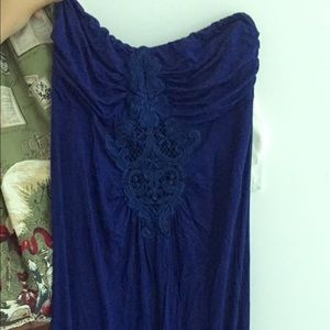 Lace Design Full Length Strapless Blue Maxi Dress
