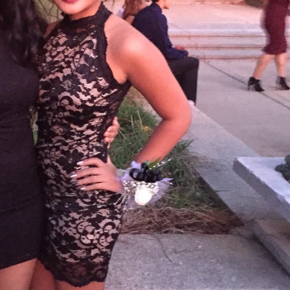 Black tight lace homecoming dress