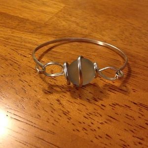 Blue sea glass silver bangle