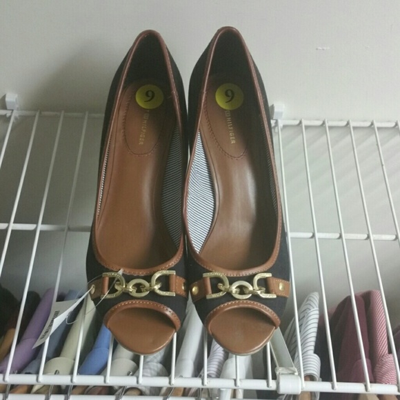 Tommy Hilfiger Blue and Brown Peep Toe Wedges