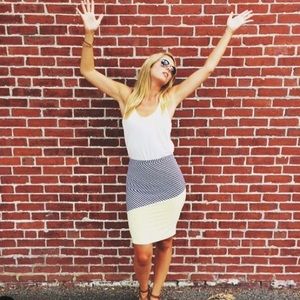 Yellow and blue color block striped midi skirt