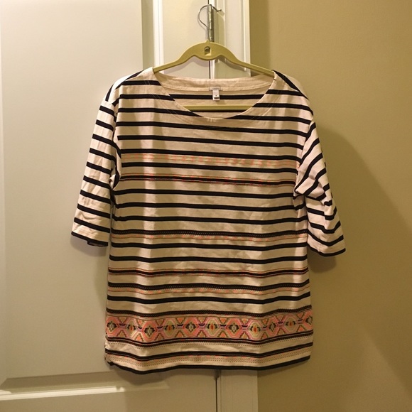 J crew striped top with neon embroidery