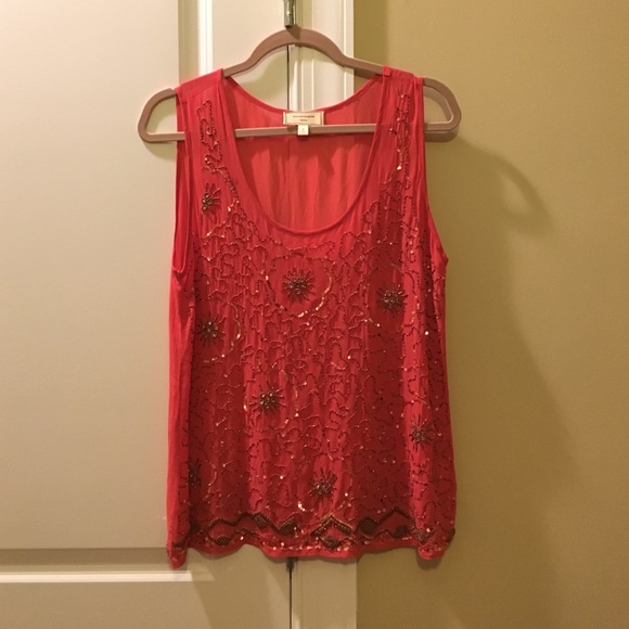 Beaded coral Anthropologie tank top