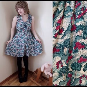 flowers & teal trees print dress