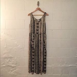 Vintage Boho black & white tribal print maxi dress