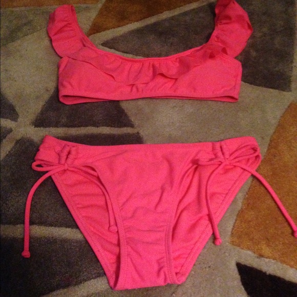 Coral colored  two piece ruffled swimsuit