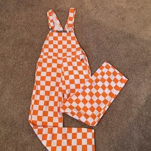 orange and white checkered overalls