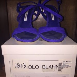 Manolo Blahnik blue suede strappy heels