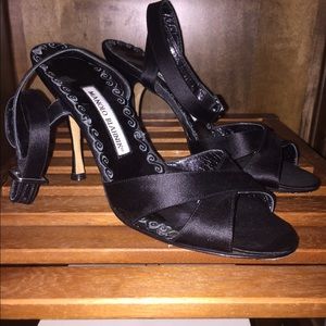 Manolo Blahnik black satin ankle-strap heels