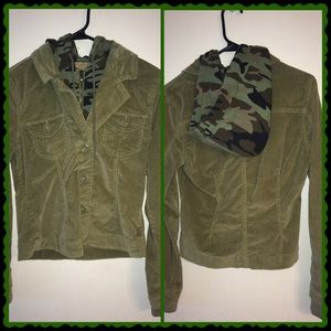 Corduroy, camouflage hoodie jacket.