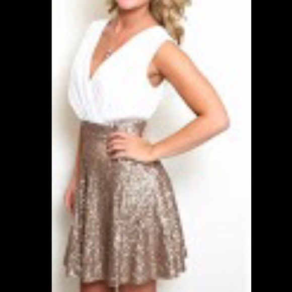 Ivory and copper sequin dress.