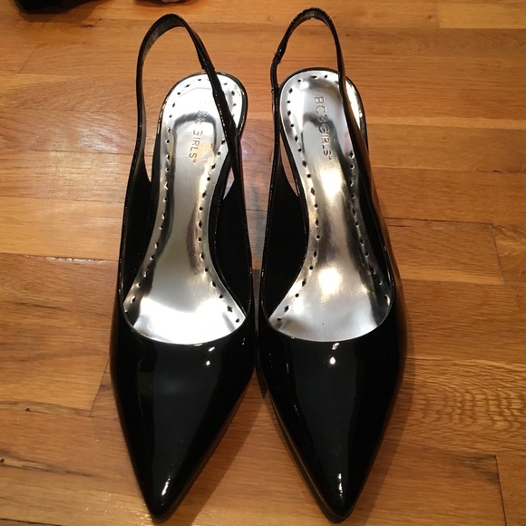 Black patent leather sling back pumps