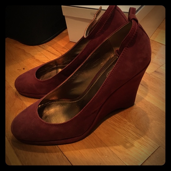Burgundy red suede wedges with ankle straps