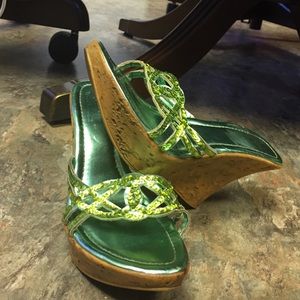 J. Lo. Green open toe wedges.