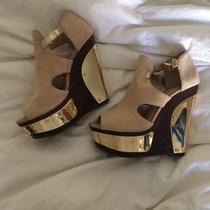 gold and wood high heels