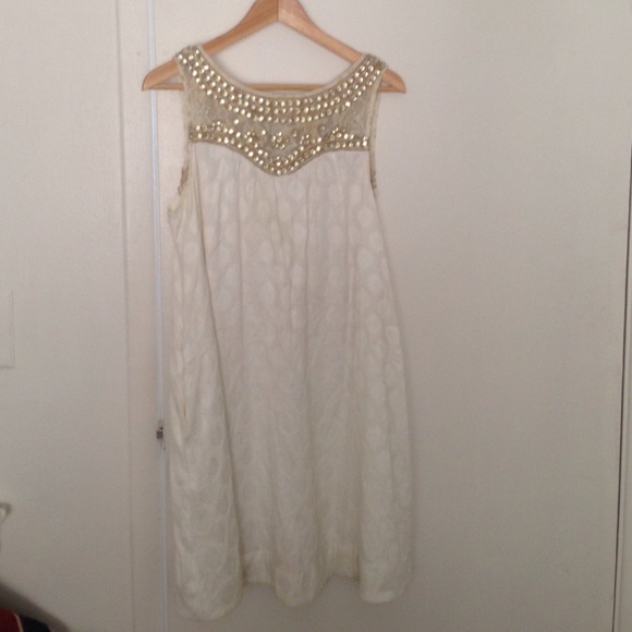 Anthropologie Dresses & Skirts - White trapeze dress with beaded neckline