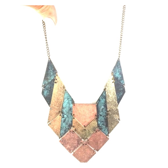 Necklace metallic w pewter, brass and blues