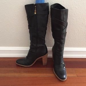 BCBG black leather heeled boots, size 9