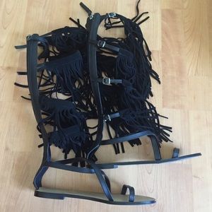 hot knee high black fringe sandals size 8 Zara