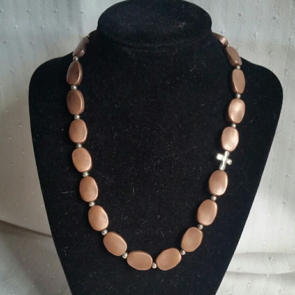 Copped bead and nickle cross necklace