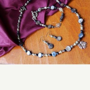 mixed blue silver gray hand beaded jewelry set