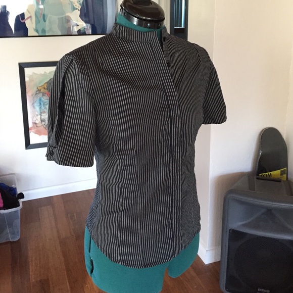 Navy pinstripe button up blouse with slit sleeve