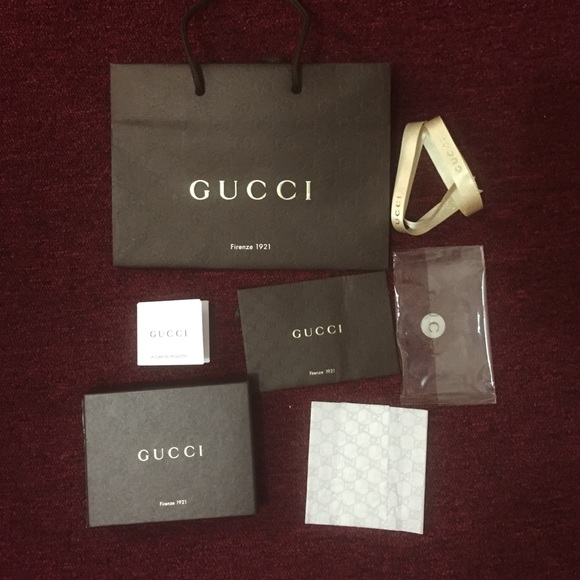 Gucci box, shopping bag, ribbon, receipt envelope
