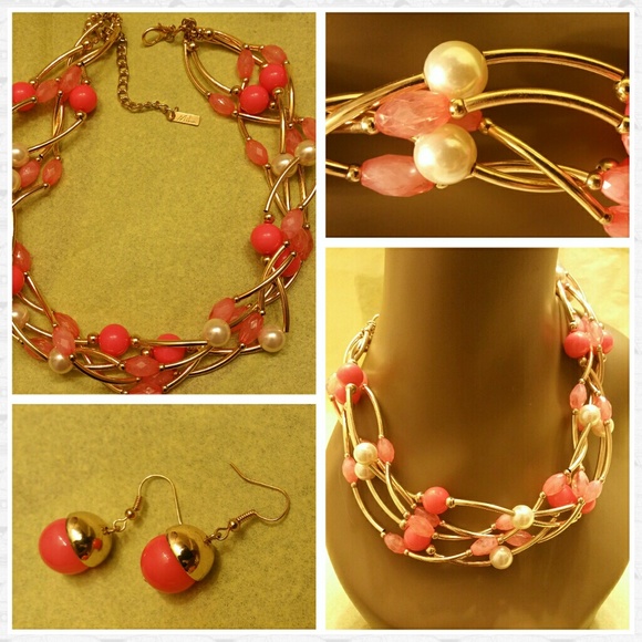 Tangerine & gold tone beads & pearl set - Picture 3 of 4