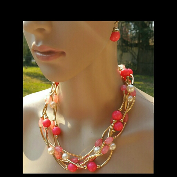 Tangerine & gold tone beads & pearl set - Picture 2 of 4