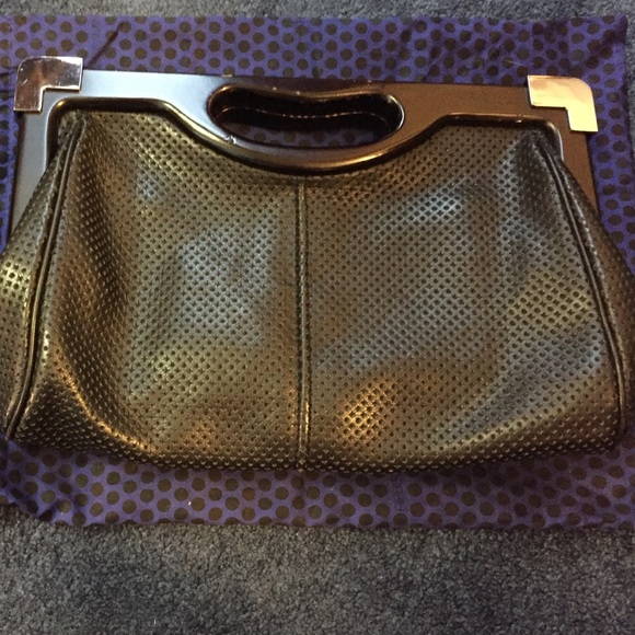 Black leather with wood Rebecca Minkoff Clutch