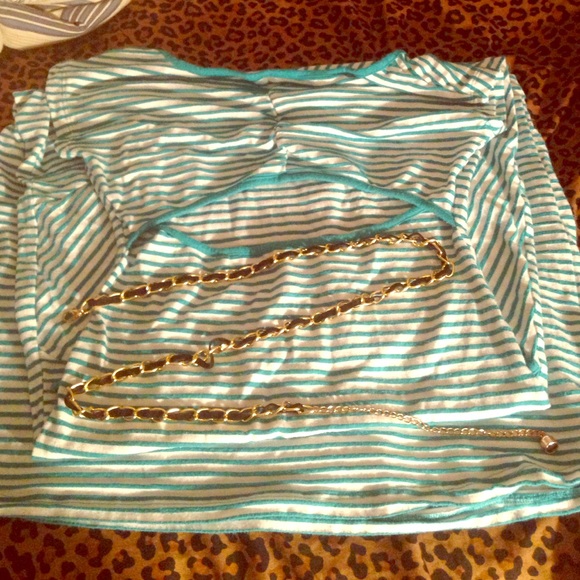 White and Turquoise striped flared dress.