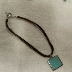 Leather String Necklace w/Aqua pendant