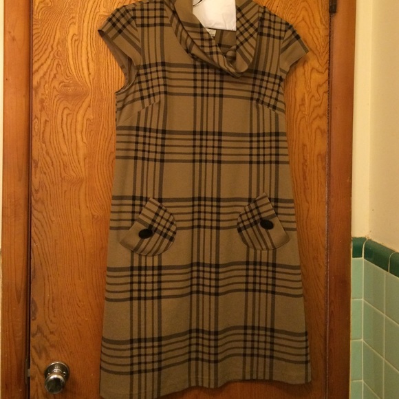 Kim Rogers Tan and Black Cowl Neck Plaid Minidress