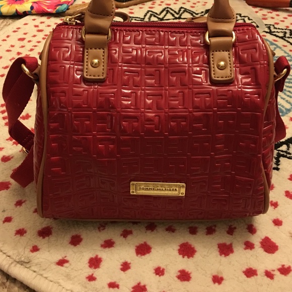 Red patent handbag