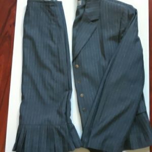 Gray and white striped skirt suit